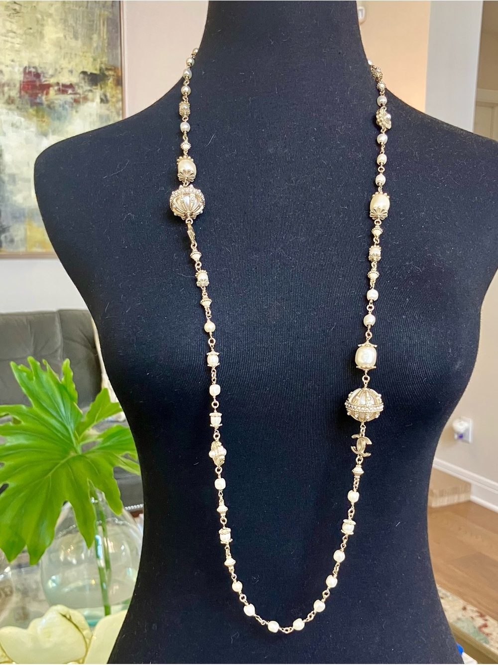 CHANEL 2021 Byzantine Gold-Tone Necklace with Pearl Stations and CC Accents